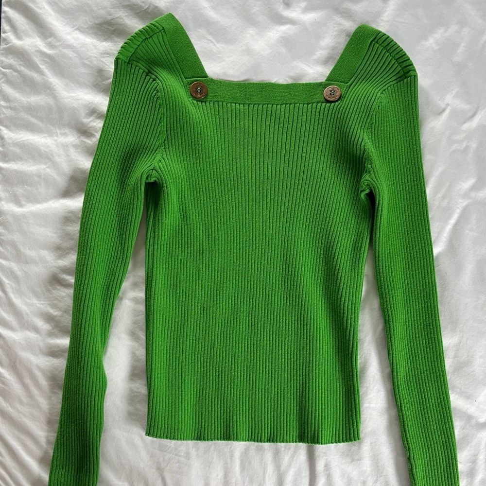 Tommy Hilfiger Bright Green Ribbed Square Neckline Sweater with Button Accents